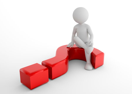 Toon man sitting on 3d question mark. FAQ, ask, search concepts. 3D illustrationの写真素材