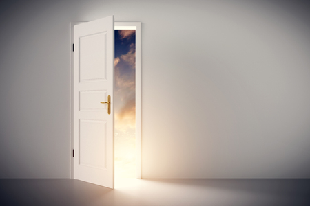 Sun shining through half open classic white door. Concepts of new life, hope, religion etc. 3D illustration