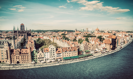 Panorama of Gdansk old town and Motlawa river in Poland. The city also known as Danzig and the city of amber. Vintageの写真素材
