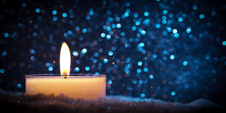 Chistmas candle glowing on wooden wall background.. Vintage wood, very detailed and extreme high resolution. Lots of copy-spaceの写真素材