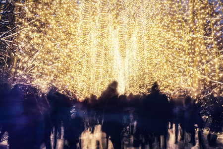 People walking in winter park decorated with Christmas lights