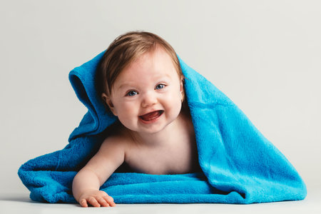 Sweet child covered in blanket laying on her tummy, smiling. Funny kid.