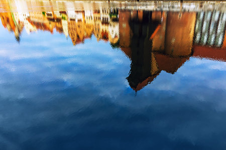 Reflection of historical Zuraw crane in Motlawa river in Gdansk, Poland. Architecture.