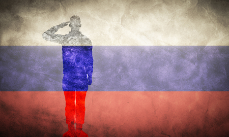Russian grunge flag with soldier silhouette. Vintage, retro style. High resolution, hd quality. Item from my grunge flags collection.の写真素材
