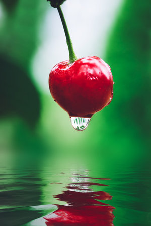 Red cherry with water dropping into a pool on a green garden background. Fresh fruits. Healthy food.