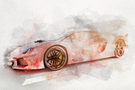 Watercolor painting of modern red metallic sports car driving fast on the road. Generic desing, brandless.の写真素材