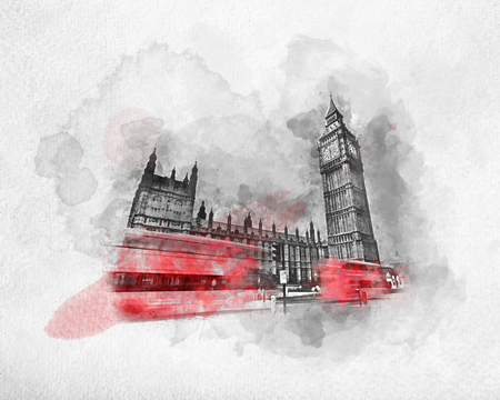 Watercolor painting of London, the UK. Red buses in motion and Big Ben, the Palace of Westminster.の写真素材
