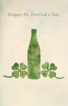 Green beer bottle and four-leaf clovers in watercolor painting. Happy St. Patrick's Day. Greeting card template.の写真素材