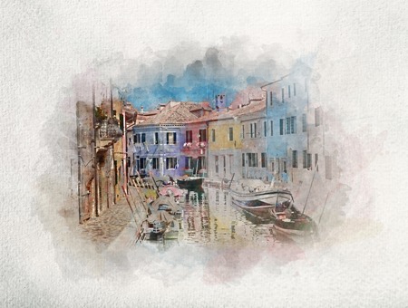 Watercolor painting of colorful houses and canal on Burano island, near Venice, Italy. City architecture.の写真素材
