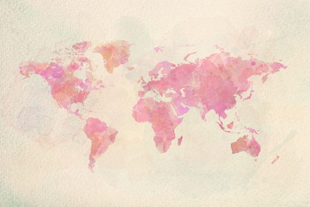 Watercolor vintage world map in pink colors on paper texture. Colorful artistic image of Earth's lands.の写真素材