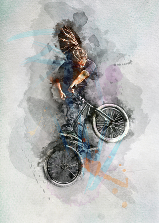Watercolor painting of man doing an extreme stunt on his bicycle. Professional rider. Sport. Watercolor image.の写真素材
