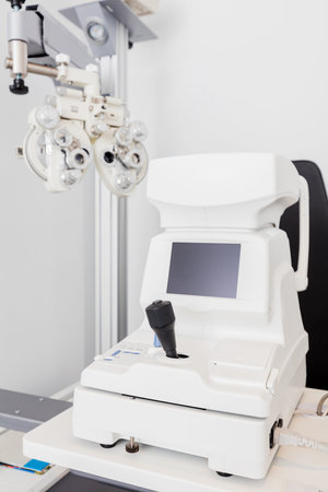 Professional machine for vision testing. Optician's office. Ophthalmology, eyesight treatment.