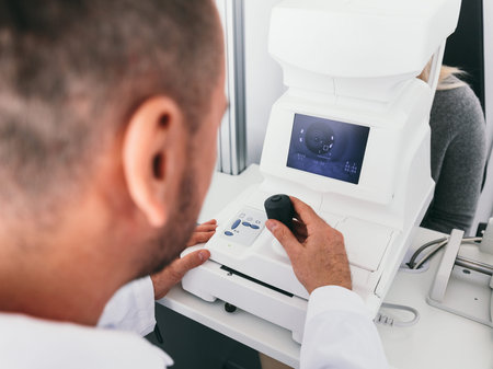 Optician checking his patient's eye on a machine. Medical vision examination.