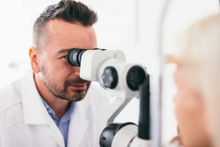 Optician checking his patient's eyes. Medical examination, proffesional optic machine.