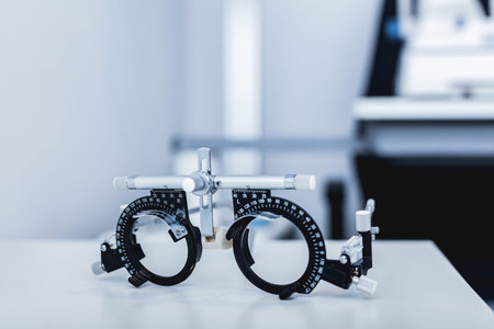 Eye test glasses at doctor's office. Trial frame. Medical exam equipment, optometry.