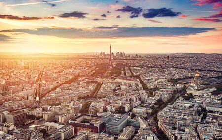 Paris, France at sunset, aerial view. Popular european travel destinations. Capital cities.の写真素材