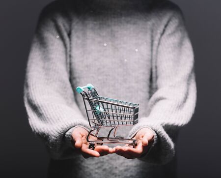 Shopping cart in woman's hands. Offer, consumer and buying conceptの写真素材
