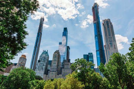 Manhattan skyscrapers in New York City, the USA. Downtown highrise buildings on a sunny day.