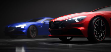 Two new modern cars in showroom on black. 3D illustration