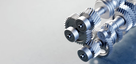 Engine with gears and cogs on grey. 3D illustration