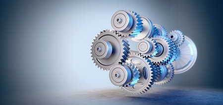 Engine with gears and cogs mechanism in spotlight. 3D illustration