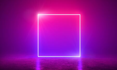 Neon light frame glowing in duotone colors. Lightshow or laser show. Energy squareの写真素材