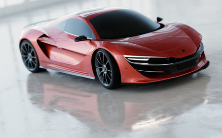New fast supercar. Sports car in warehouse. Clean composition. 3D illustration