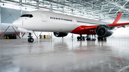 Big airplane in aircraft hangar. Passenger or cargo transportation. 3D illustration