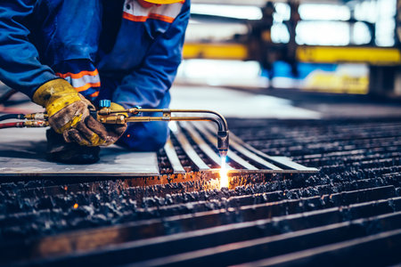 Worker cutting metal, steel with acetylene torch in big factory. Heavy industry, shipyard
