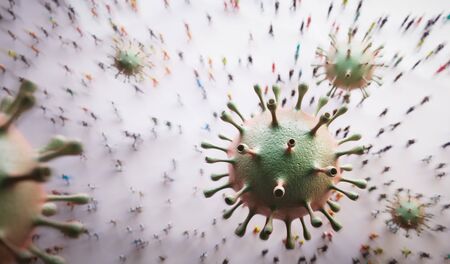 Coronavirus cells attacking people causing pandemic. Virus from Wuhan. 3D renderの写真素材