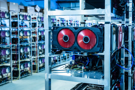 Bitcoin and crypto mining computer machines in a big data center. High tech servers at work