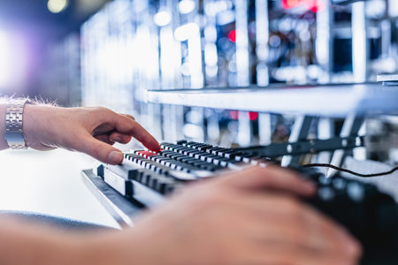 IT specialist working in bitcoin and crypto currency mining farm. Big data center. High tech server...