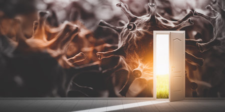 Door open to new better world after coronavirus COVID-19. Hope for the future. 3D illustrationの写真素材