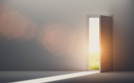 Door open to new better world, positive optimistic future. Hope concept. 3D illustrationの写真素材