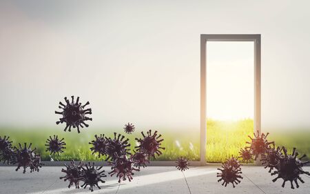 Door open to new better world after coronavirus COVID-19. Hope for the future. 3D illustrationの写真素材