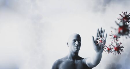 Man stopping coronavirus. Immune system defends from corona virus COVID-19. 3D renderの写真素材