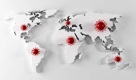 Coronavirus COVID-19 around the world. Corona virus cells on continents map. 3D renderの写真素材