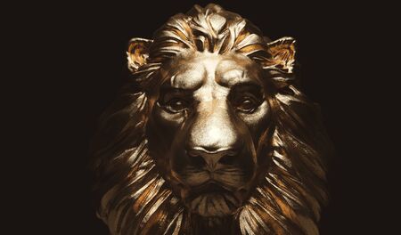 Lion statue, a gold sculpture. Concept of a guard, power and proud animal. 3D illustrationの写真素材