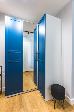 Entrance corridor in a new apartment for rent. Big mirror and closet. Interior designの写真素材