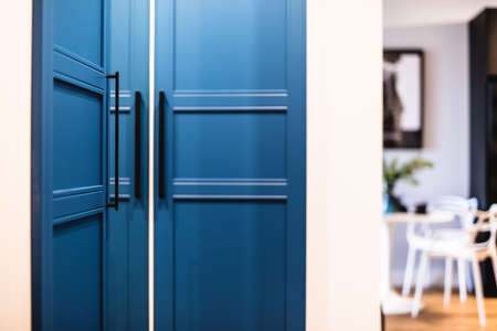 Blue wardrobe in entrance corridor in a new apartment for rent. Interior designの写真素材
