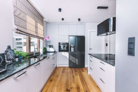 Modern kitchen interior design. Wooden floor and quartzite tabletopの写真素材