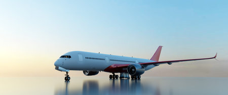 Airplane on runway at sunset. Passenger modern aircraft, commercial airline.