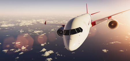 Airplane flying above clouds. Passenger modern aircraft, commercial airline. 3D render