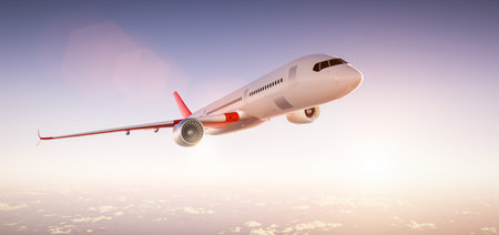 Airplane flying above clouds. Passenger modern aircraft, commercial airline. 3D render