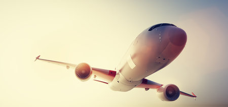 Airplane flying at sunset. Passenger modern aircraft, commercial airline. 3D render