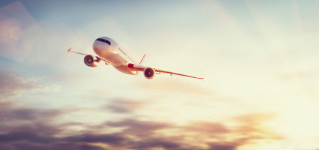 Airplane flying above clouds. Passenger modern aircraft, commercial airline. 3D render