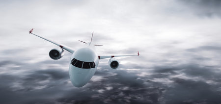 Airplane flying above clouds. Passenger modern aircraft, commercial airline. 3D render