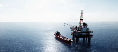 Oil platform on the ocean. Offshore drilling for gas and petroleum or crude oil. Industrialの写真素材