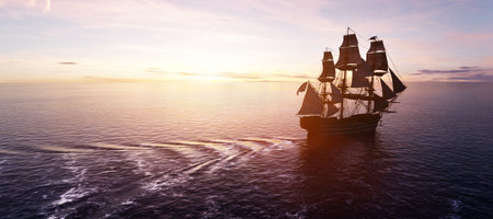 Pirate ship sailing on the ocean at sunset. Retro adventure