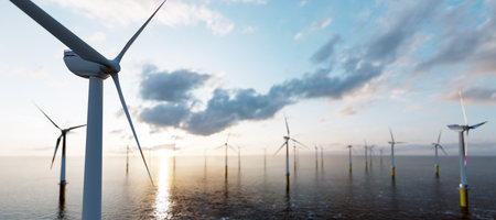 Offshore wind turbines farm on the ocean. Sustainable energy production, clean power.